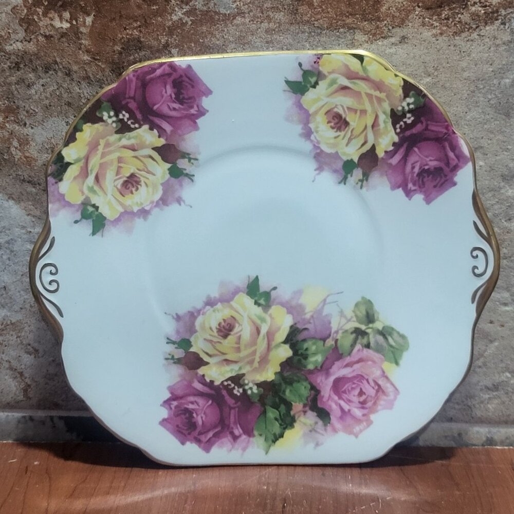 Vintage Stanley Fine Bone China Cake Plate Large Pink Yellow Cabbage Roses Gold